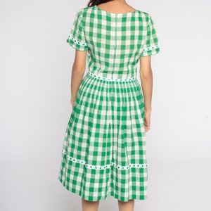 1960s Plaid Dress Green White Buffalo Plaid Dress Lace Ribbon Trim Checkered 60s Midi Tartan Dress Fit and Flare Party Vintage Small S image 9