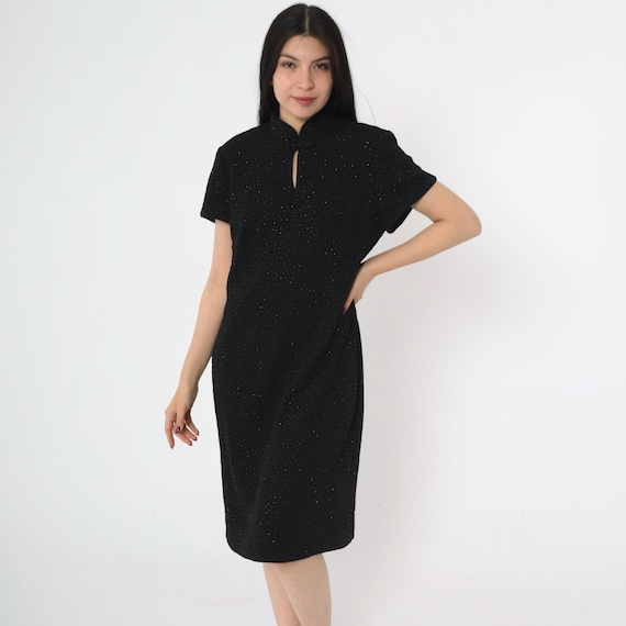 Vintage 90s Black Glitter Cheongsam Dress Sparkly Textured Short Sleeve Keyhole Neck Midi Evening Gown 1990s Party Dress Large 12