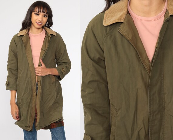 London Fog Trench Coat Army Jacket Y2k Long Military Corduroy Collar Commando Goth Olive Drab Green 00s Vintage Small S