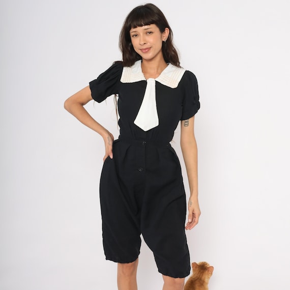 40s Sailor Romper Black White Collar Tie Puff Sleeve Jumpsuit Bloomer Playsuit Vintage 1940s One Piece Pin Up Nautical Summer Extra Small XS