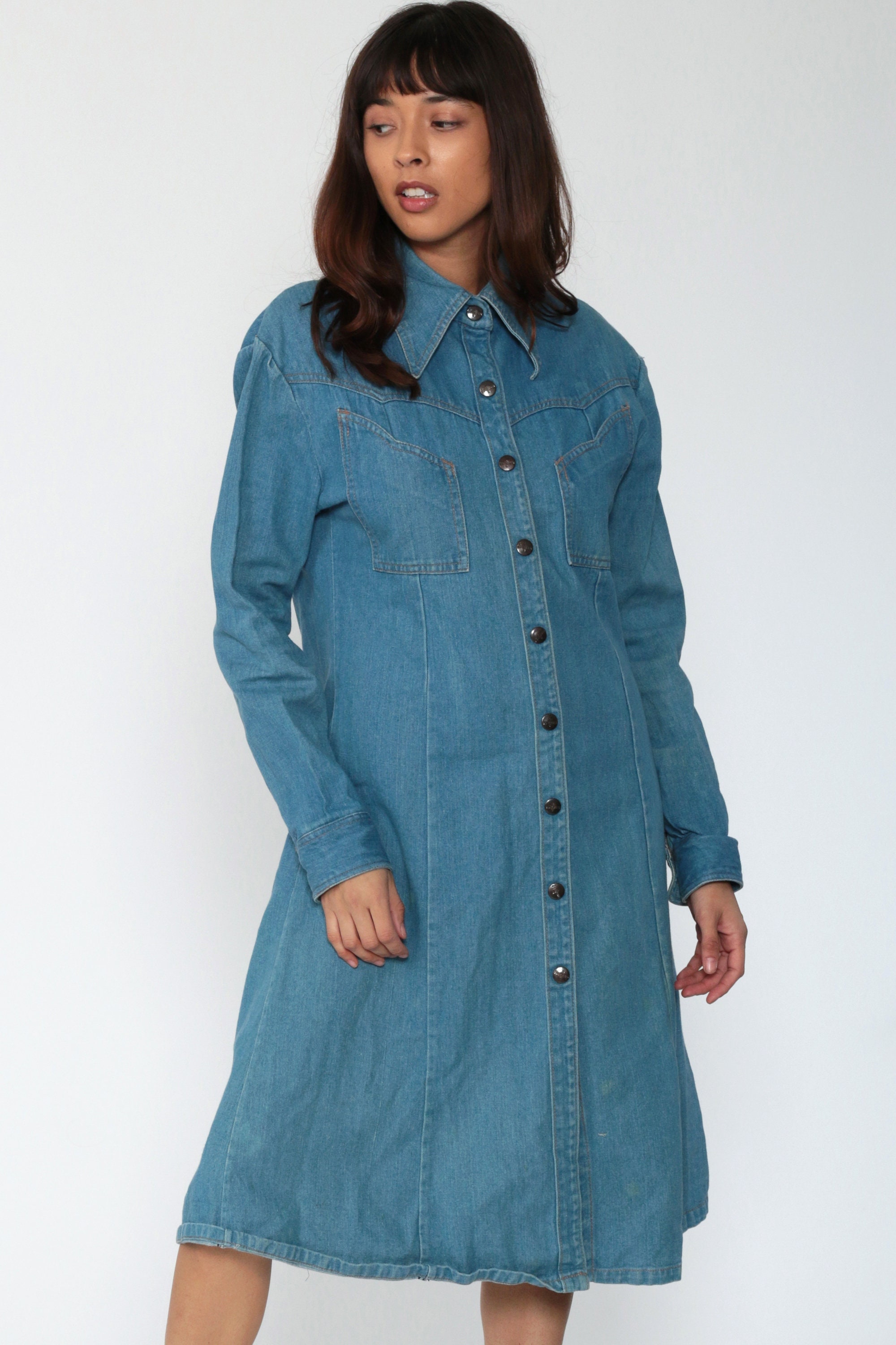 Denim Dress 70s Midi Boho Button Up Dress Western Dress Shift Jean Dress 1970s High Waisted 