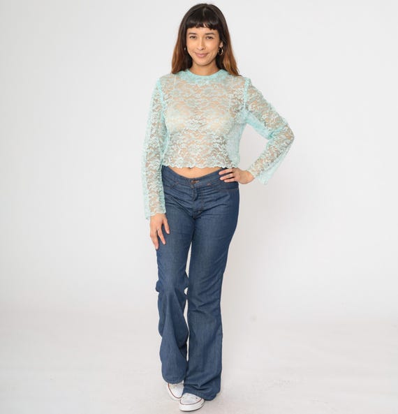 Vintage Sheer Lace Blouse 80s Aqua Blue Floral Mesh See Through Button Back Long Sleeve Cropped Top 1980s Romantic Retro Party Small S