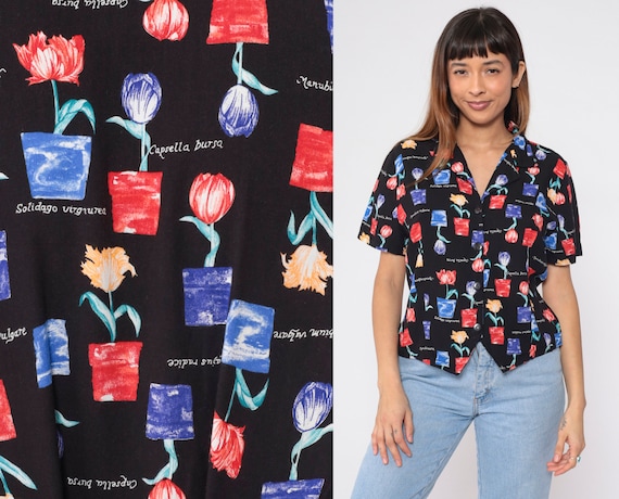 Gardening Shirt 90s Button up Blouse Floral Flower Pot Tulip Print Top Botany Short Sleeve Collared Summer Hippie Boho Vintage 1990s Large L