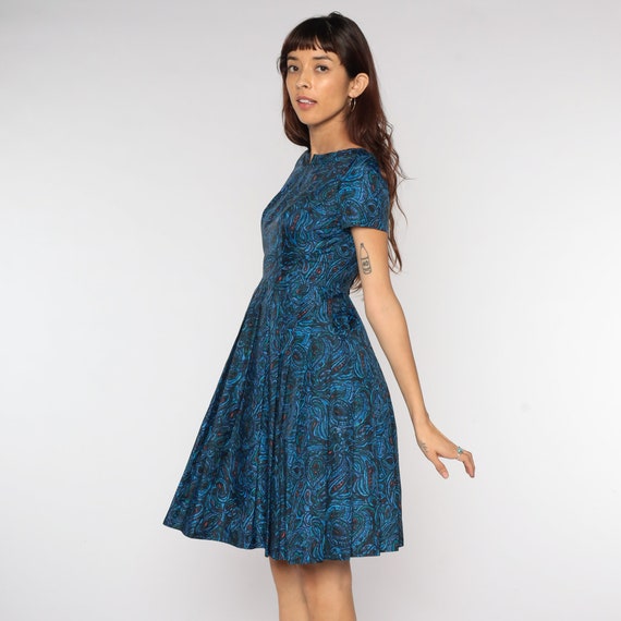 60s Day Dress Blue Paisley Tea Length 60s PLEATED… - image 4