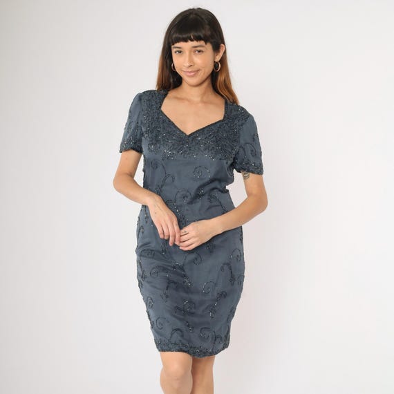 Vintage Grey Beaded Silk Dress 90s Short Sleeve Cocktail Party Evening Sheath 1990s Formal Elegant Sweetheart Neckline Small S