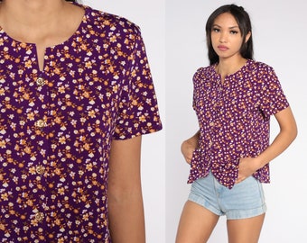 Purple Floral Blouse 90s Button Up Shirt Boho Short Sleeve Top Flower Print Feminine Summer Top Vintage Bohemian Vintage 1990s Medium Large