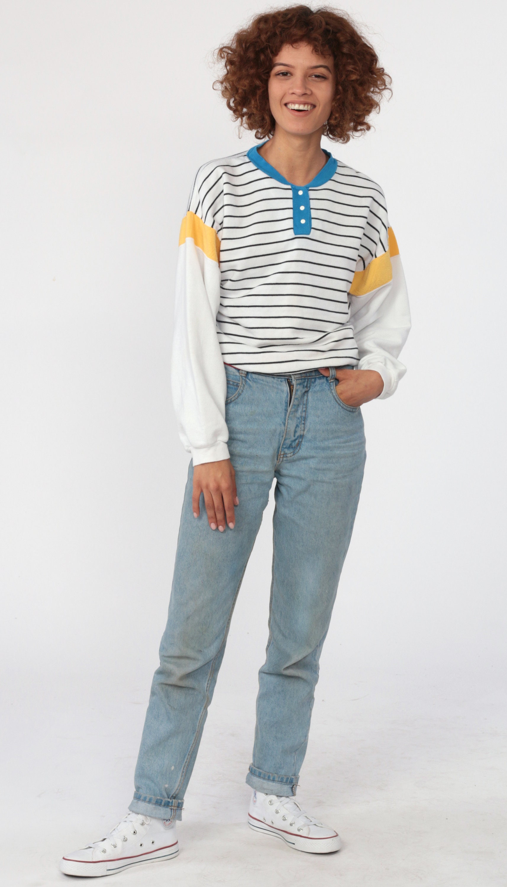 80s Sweatshirt White Striped Polo Sweatshirt Stripes Primary Colors Sweatshirt Slouchy 1980s 