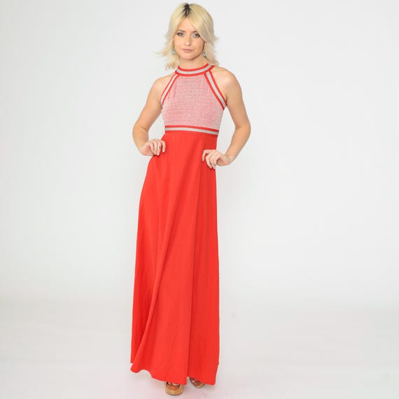 70s Metallic Halter Dress Red Party Dress Maxi Dress Racerback Silver Empire Waist Sparkly Holiday Bohemian Cocktail Vintage Extra Small xs