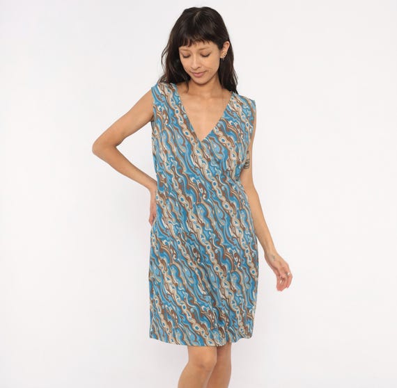 Psychedelic Swirl Dress 2000s Sleeveless V Neck Shift Blue Brown Tan Abstract Wavy Print Pullover Knee Length Vintage Womens Extra Large XL