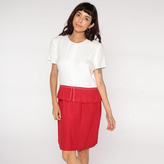 80s Pencil Dress Red White Color Block Mini Secretary High Waist Peplum Two Tone Wiggle Dress 1980s Vintage Short Sleeve Medium