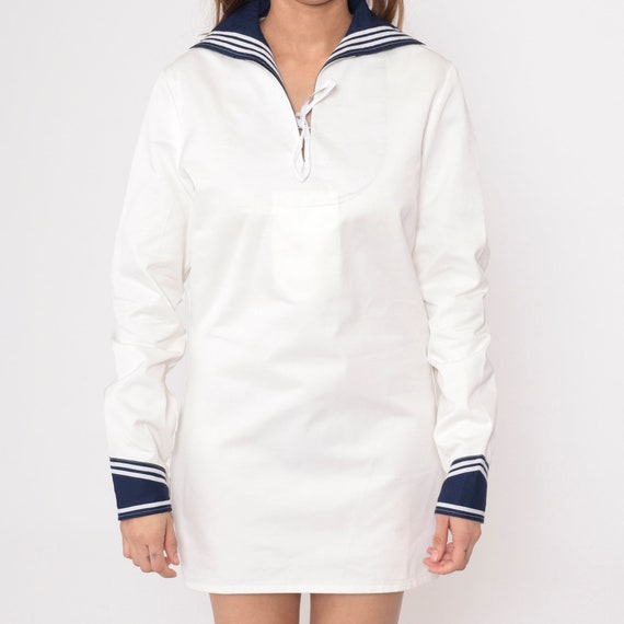 80s Sailor Collar White Mini Dress Shift 1980s Na… - image 6