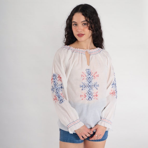 White Peasant Blouse Greek Embroidered Shirt Semi-Sheer Top 1980s Boho Top Keyhole Grecian Vintage Long Sleeve Bohemian Hippie Small Medium
