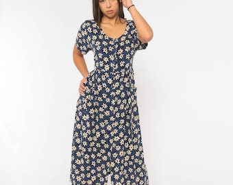 90s Navy Floral Midi Dress Daisy Print Cream Button Front Short Sleeve Tie Back Waist Grunge Prairie Cottagecore Summer Vintage Medium M