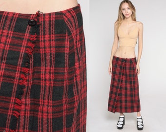 Wool Plaid Midi Skirt 70s School Girl Skirt Faux Wrap Red Black Tartan Button Up Preppy Grunge Checkered Kilt Uniform Vintage 1980s Medium