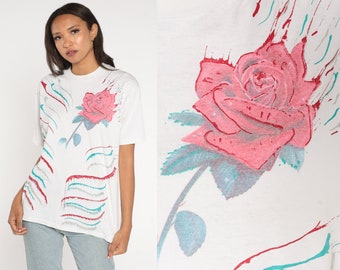 Flower T-Shirt 90s Painted Floral Print Shirt Rose Graphic Tee Retro Gardening TShirt Single Stitch White Vintage 1990s Medium Large