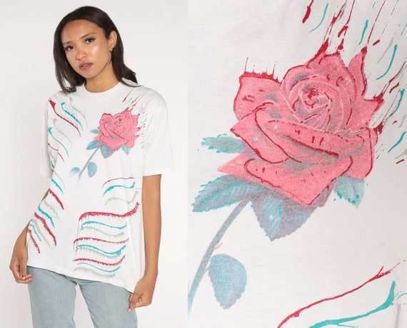 Flower T-Shirt 90s Painted Floral Print Shirt Rose Graphic Tee Retro Gardening TShirt Single Stitch White Vintage 1990s Medium Large