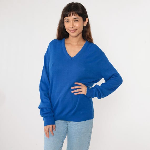 Vintage Royal Blue Sweater 80s 90s V Neck Knit Pullover Sweater Slouchy Plain Basic Simple Knitwear Acrylic 1980s Men's Large