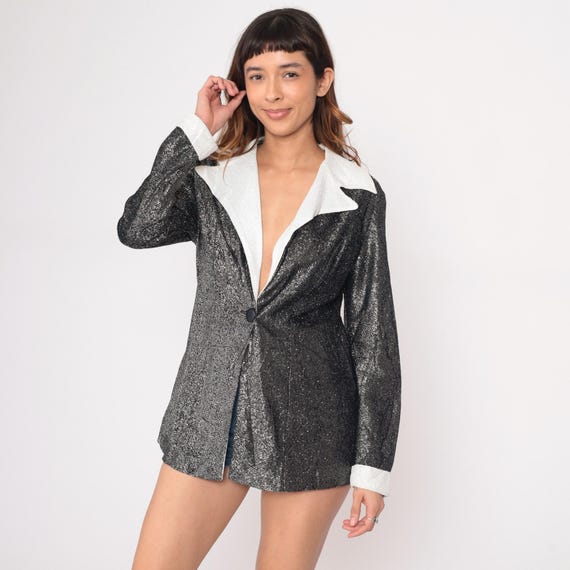 70s Metallic Blazer Silver White Collar Contrast Single Button Jacket Vintage Lapels Cuffs Shiny Glamour Evening Disco Party Shirt Medium M