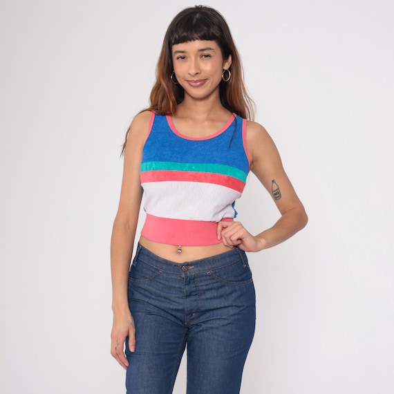 Vintage Terrycloth Tank Top 80s Blue Striped Mesh Ringer Tee Retro Sleeveless Shirt Coral Terry Cloth Color Block 1980s Extra Small xs