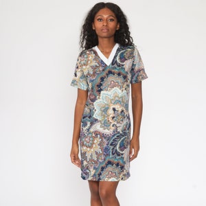 70s Paisley Dress Mod Psychedelic Print Mini Boho 1970s Hippie Bohemian Shift Blue Ringer Dress Vintage 60s Gogo Minidress Medium