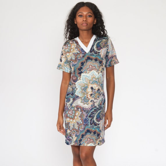 70s Paisley Dress Mod Psychedelic Print Mini Boho 1970s Hippie Bohemian Shift Blue Ringer Dress Vintage 60s Gogo Minidress Medium
