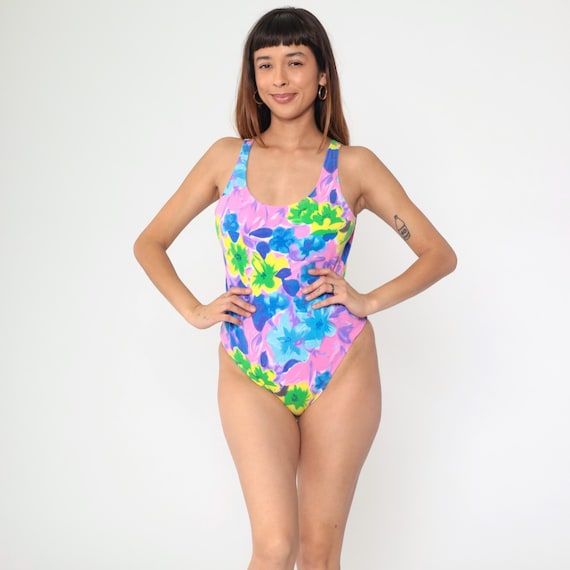Floral Bathing Suit 90s One Piece Swimsuit Tropical Swim Suit Retro Low Open Back Bright Flower Print Pink Purple Blue Vintage 1990s Medium