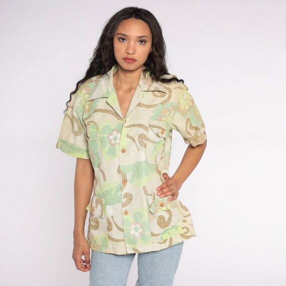 70s Floral Cargo Shirt Safari Shirt Surfline Original Button Up Shirt Hawaiian Collar Shirt Boho 1970s Hippie Short Sleeve Vintage Medium