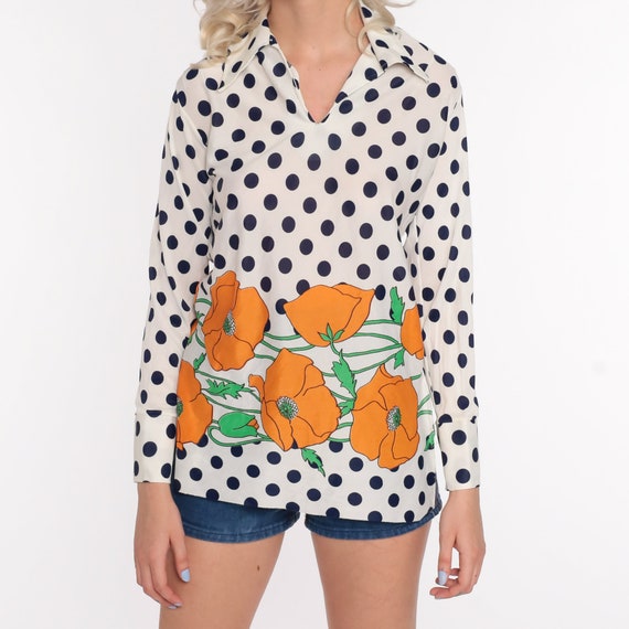 70s Floral Blouse 60s Mod Floral Print 70s Hippie Blouse Boho Shirt Polka Dot Blouse Tunic Long Sleeve Vintage Bohemian Small S