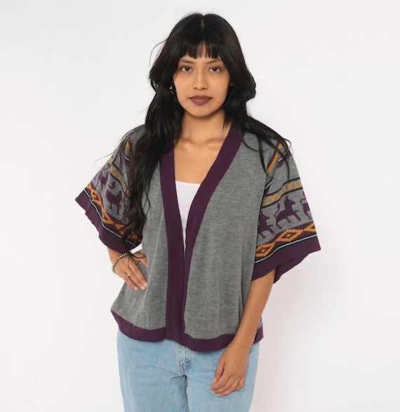 70s Southwestern Cardigan Gray Purple Llama Alpaca Knit Short Kimono Sleeve Batwing Mustard Yellow Sweater Hippie Women Small Medium S M
