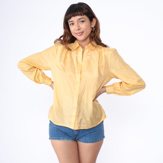 Yellow Silk Top Button Up Shirt 80s Puff Sleeve B… - image 2