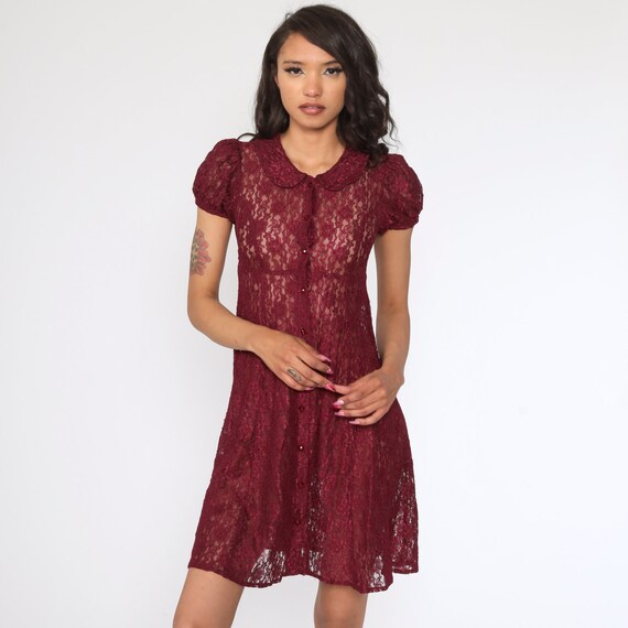 Sheer Lace Dress Peter pan collar Burgundy Mini D… - image 2