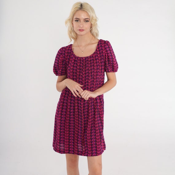 60s Butterfly Dress Mod Mini Dress Puff Sleeve Shift Butterflies Print Groovy Hippie Boho Pink Purple Orange Vintage 1960s Medium Large
