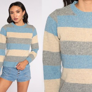 Wool Striped Sweater 80s Knit Tan Grey Blue Sweater Slouch 1980s Jumper Vintage Pullover Retro Small S image 1