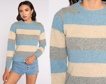 Wool Striped Sweater 80s Knit Tan Grey Blue Sweater Slouch 1980s Jumper Vintage Pullover Retro Small S