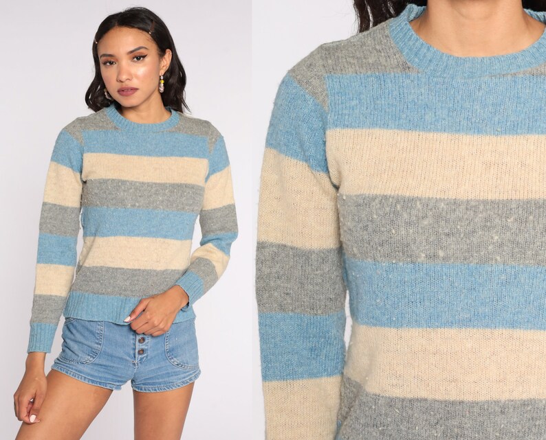 Wool Striped Sweater 80s Knit Tan Grey Blue Sweater Slouch 1980s Jumper Vintage Pullover Retro Small S image 1