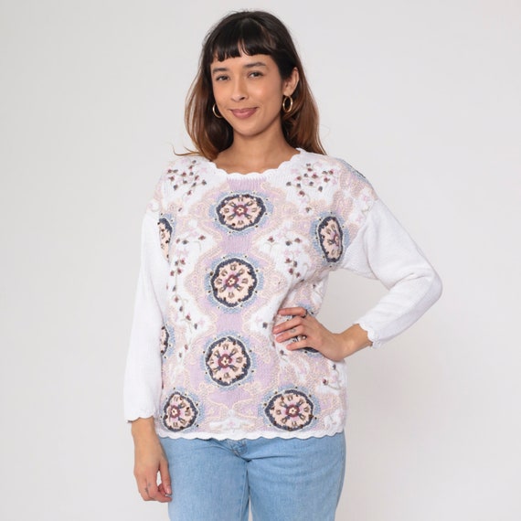 90s Floral Sweater White Embroidered Knit Sweater Glitter Scalloped Girly Bohemian Ramie Cotton Flower Print Pullover Vintage 1990s Small