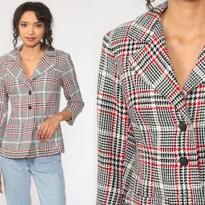 Plaid Blazer Checkered Jacket 80s Jacket Button Up 1980s Black Red Tartan Jacket Vintage Retro Tailored Preppy Office Professional Small