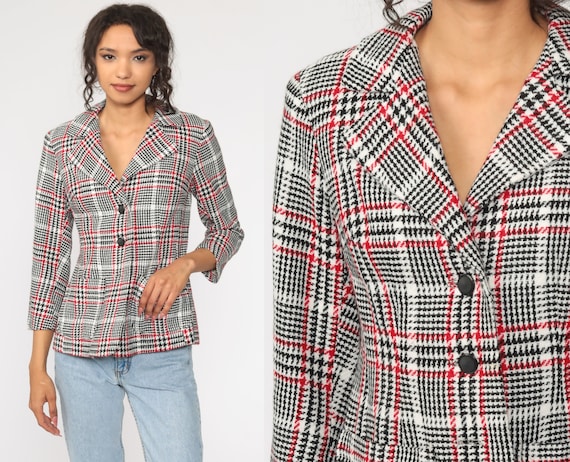 Plaid Blazer Checkered Jacket 80s Jacket Button Up 1980s Black Red Tartan Jacket Vintage Retro Tailored Preppy Office Professional Small