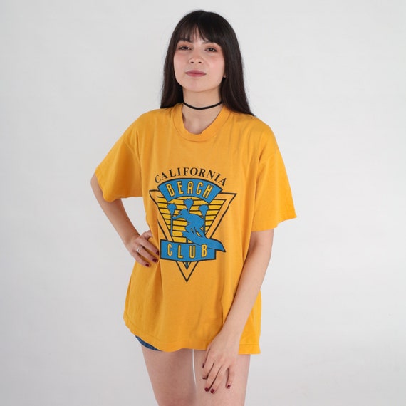 California Beach Club Shirt 80s Graphic Tee Retro Surfer T-Shirt Tourist Travel TShirt Surf Top Single Stitch Yellow Vintage 1980s Large L