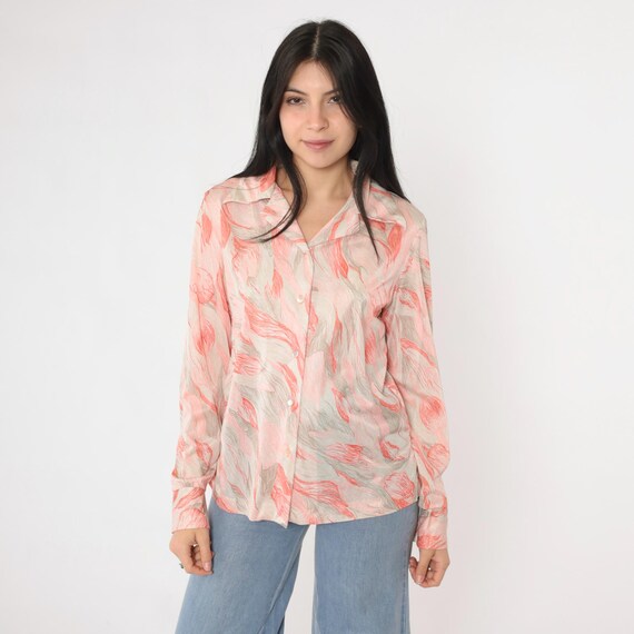 70s Pink Button Up Top Vintage Abstract Floral Print Shirt Retro Collared Blouse Groovy Seventies Disco Hippie Long Sleeve 1970s Medium M