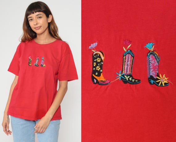 Cowboy Boot Tee 90s Embroidered Red T-Shirt Western Boots Colorful Floral Detail Cotton Short Sleeve Crew Neck Oversized Boxy Fit Medium M