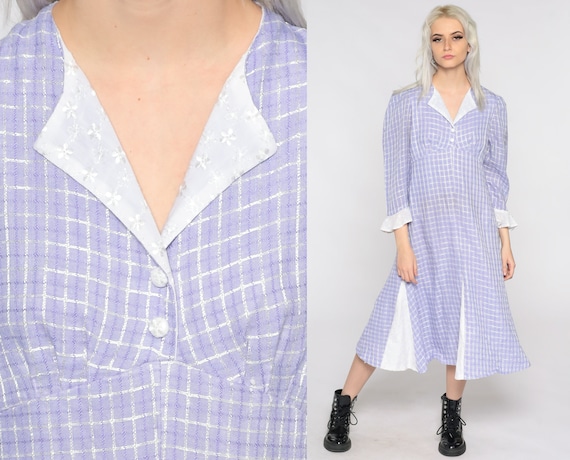 Purple Checkered Dress Puff Sleeve Cottagecore Dr… - image 1