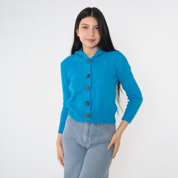 Vintage Blue Knit Hoodie Sweater 70s Bright Turquoise Button Up Hooded Cardigan 1970s Fitted Orlon Acrylic Retro Extra Small xs