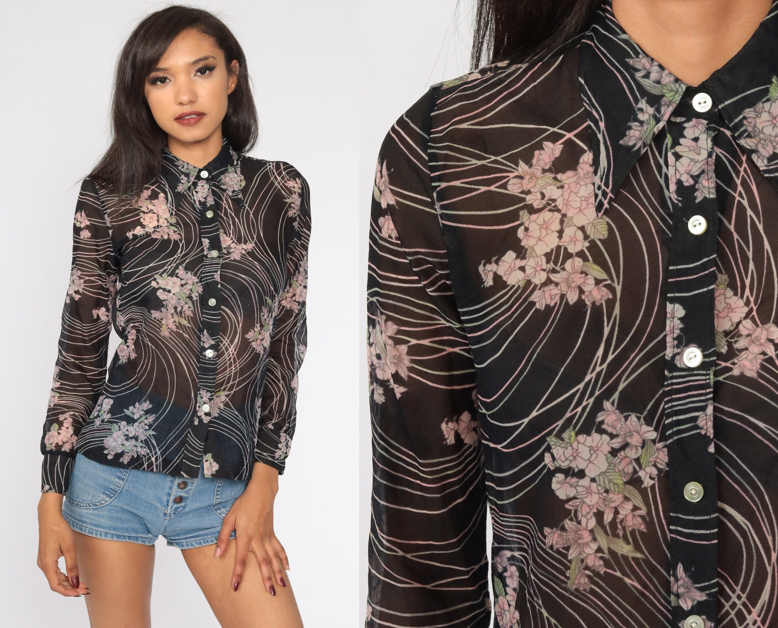 Sheer Floral Blouse 70s Black Boho Top 