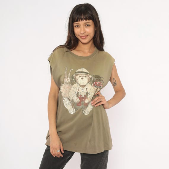 Safari Bear Graphic Tee 90s Northwest Blue Sleeveless Tank Olive Green Khaki Cotton Wildlife Animal Print Cut Off Muscle Shirt Extra Large