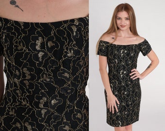 Metallic Floral Dress 90s Black Party Dress Off Shoulder Sparkly Mini Dress Retro Gold Cocktail Sheath Shift Vintage 1990s Extra Small xs