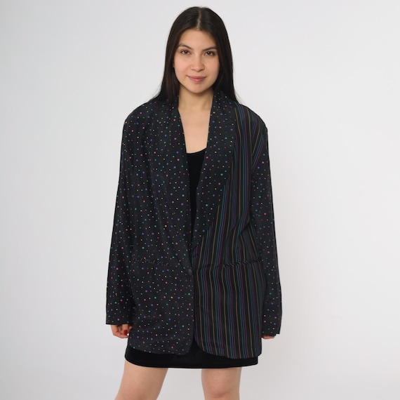 80s Blazer Black Rainbow Dot Striped Mix Pierrot Print Jacket Single Button Front Long Sleeve Slouchy Rayon Acetate Blend Medium M