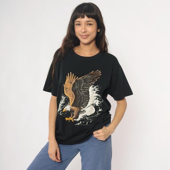 90s Eagle Graphic Tee Black Short Sleeve Vintage Grunge T-Shirt Bald Eagle Wildlife Nature Print Golden Brown White Clouds Unisex Large L
