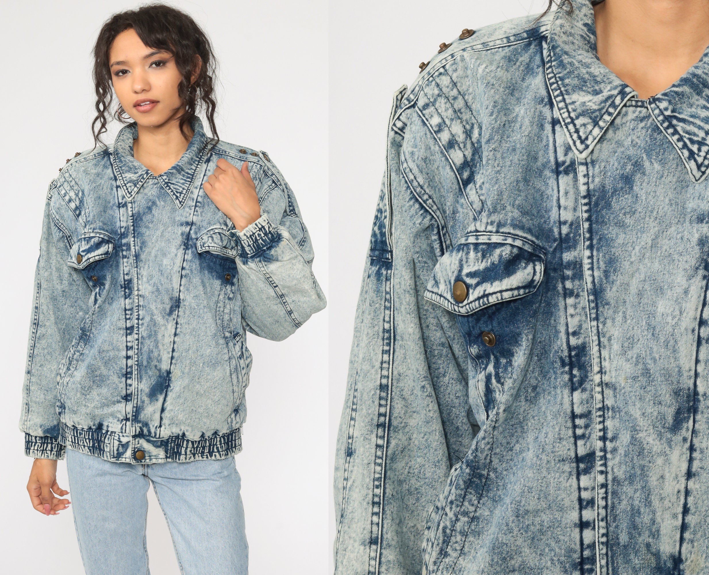 80S Denim Jacket Acid Wash Jean Jacket Vintage Grunge Jacket Trucker Button  Up Blue 90S Medium