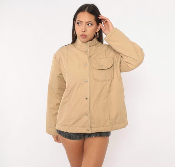 80s Avon Beige Jacket Snap Front Insulated Cotton Blend Coat Long Sleeve Lined Puffy Bomber Tan Khaki Workwear Unisex Vintage Small S
